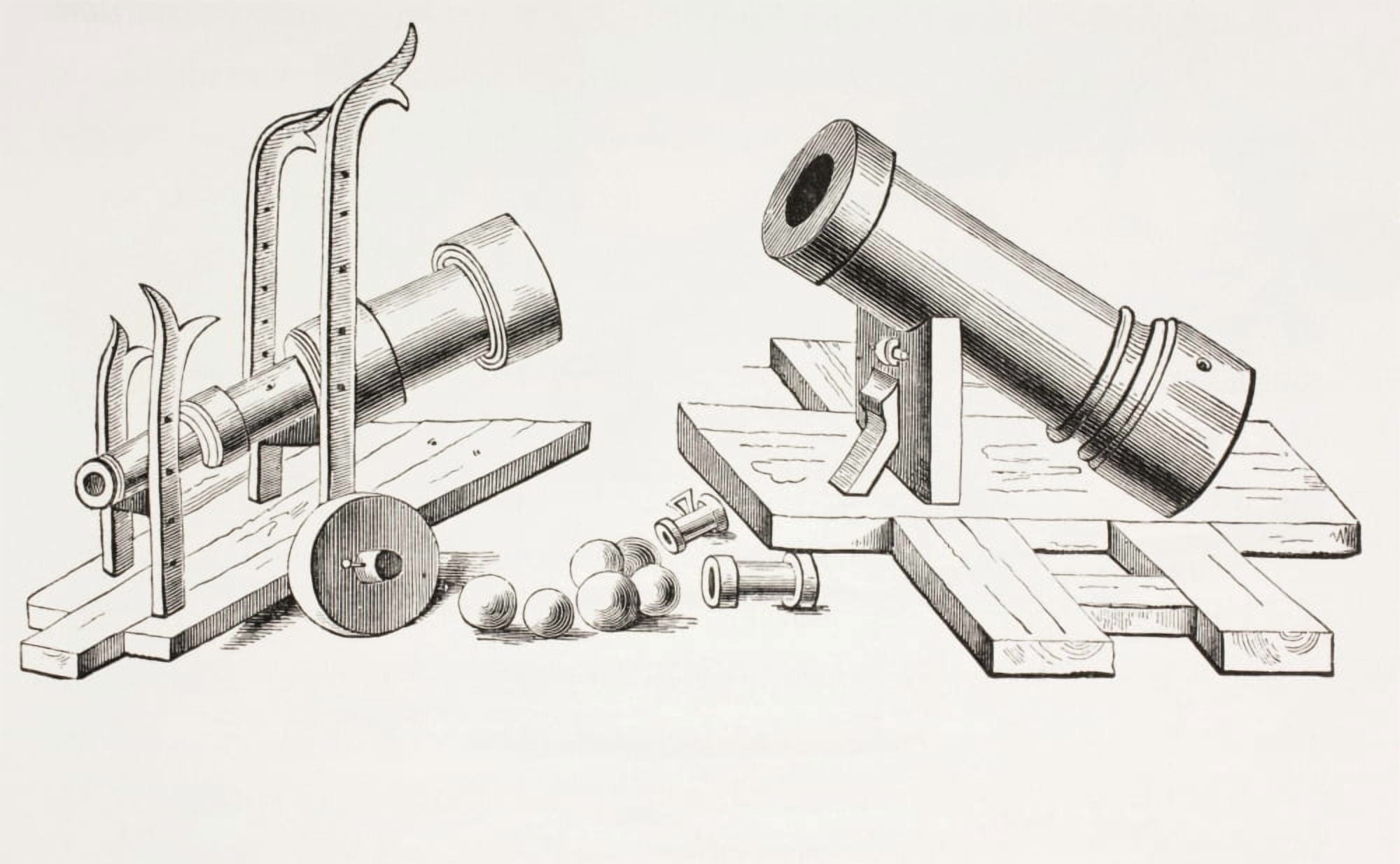 Posterazzi 15Th Century Cannons With Fixed Gun Carriage (Right) And Rolling Gun Carriage (Left) From Les Artes Au Moyen Age Published Paris 1873 Canvas Art - Ken Welsh Design Pics (36 x 22)