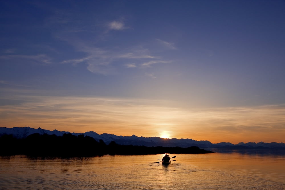 Posterazzi Alaska Juneau Favorite Passage Kayaking Through Beautiful Mountain Ranges As The Sunsets Canvas Art - John Hyde Design Pics (36 x 24)