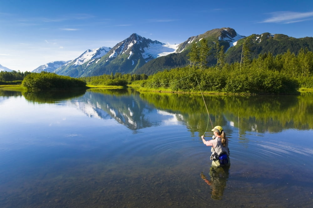 Posterazzi Angler Flyfishing For Rainbow Trout In Portage Valley In Early Morning Southcentral Alaska Canvas Art - Michael DeYoung Design Pics (34 x 22)