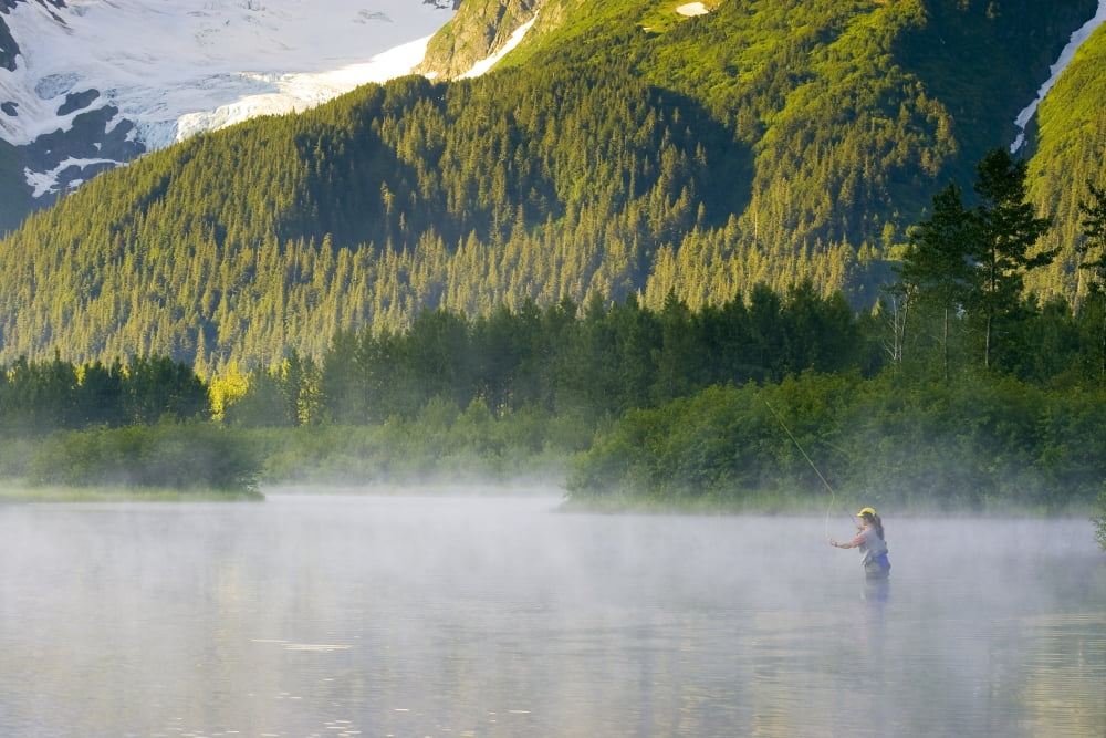 Posterazzi Angler Flyfishing For Rainbow Trout In Portage Valley On A Misty Morning Southcentral Alaska Canvas Art - Michael DeYoung Design Pics (34 x 22)