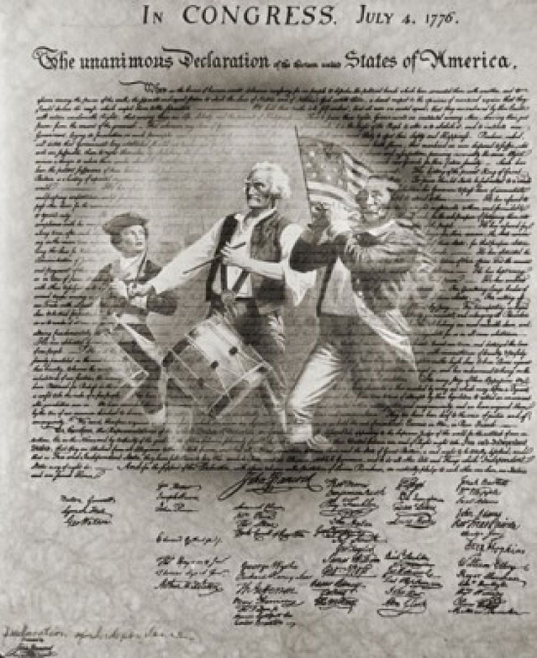 Posterazzi Archibald M Willards Spirit of 76 superimposed on Declaration of Independence Canvas Art -  (24 x 36)