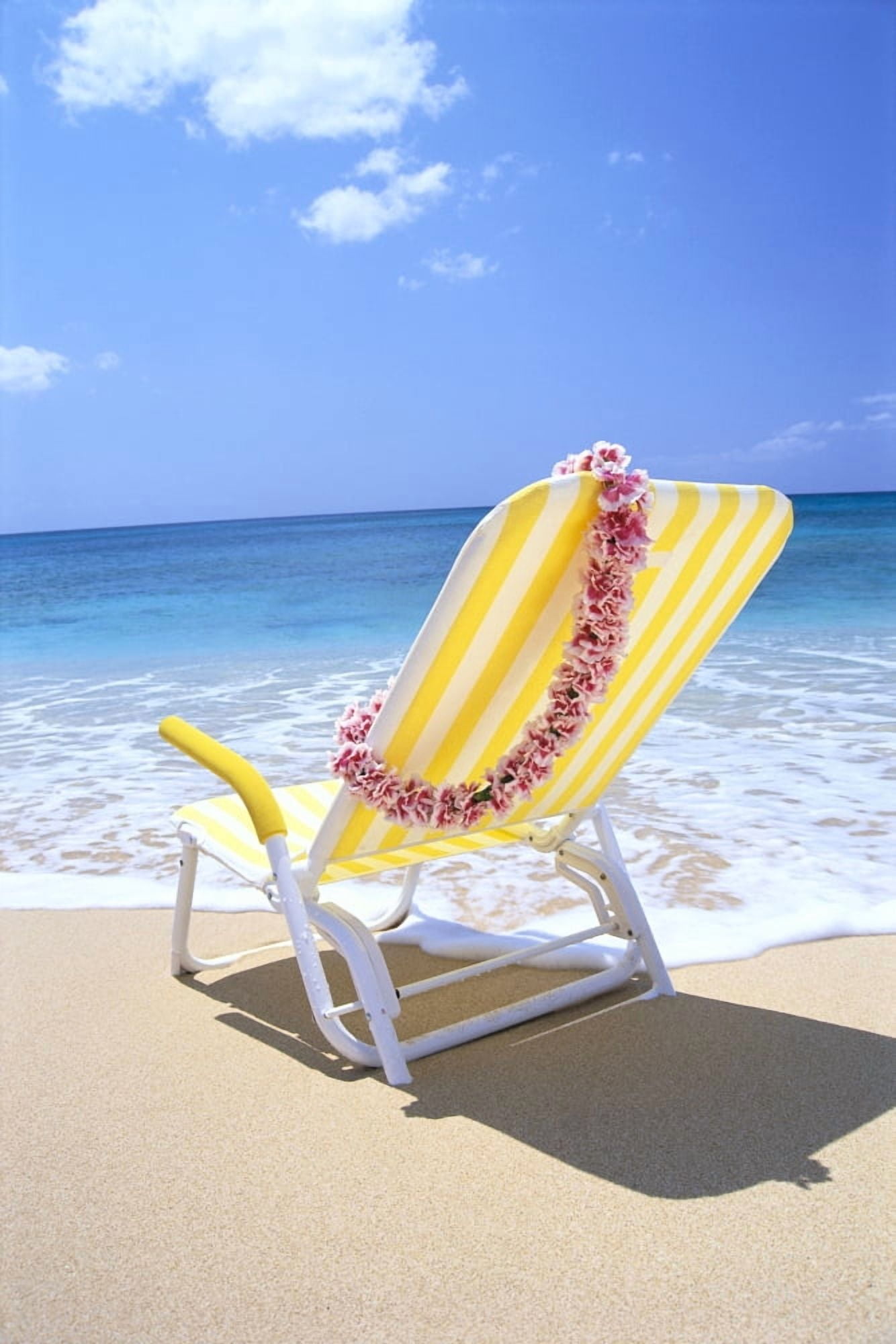 Posterazzi Back View Of Yellow Beach Chair In Sand Gentle Shore Waters Pink Lei C1724 Canvas Art - Bill Brennan Design Pics (24 x 38)