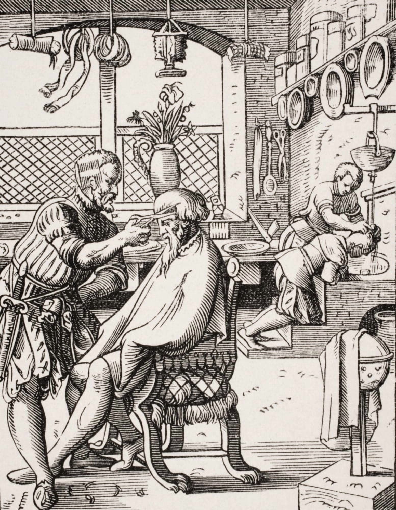 Posterazzi Barber 19Th Century Reproduction Of 16Th Century Woodcut By Jost Amman Canvas Art - Ken Welsh  Design Pics (24 x 32)