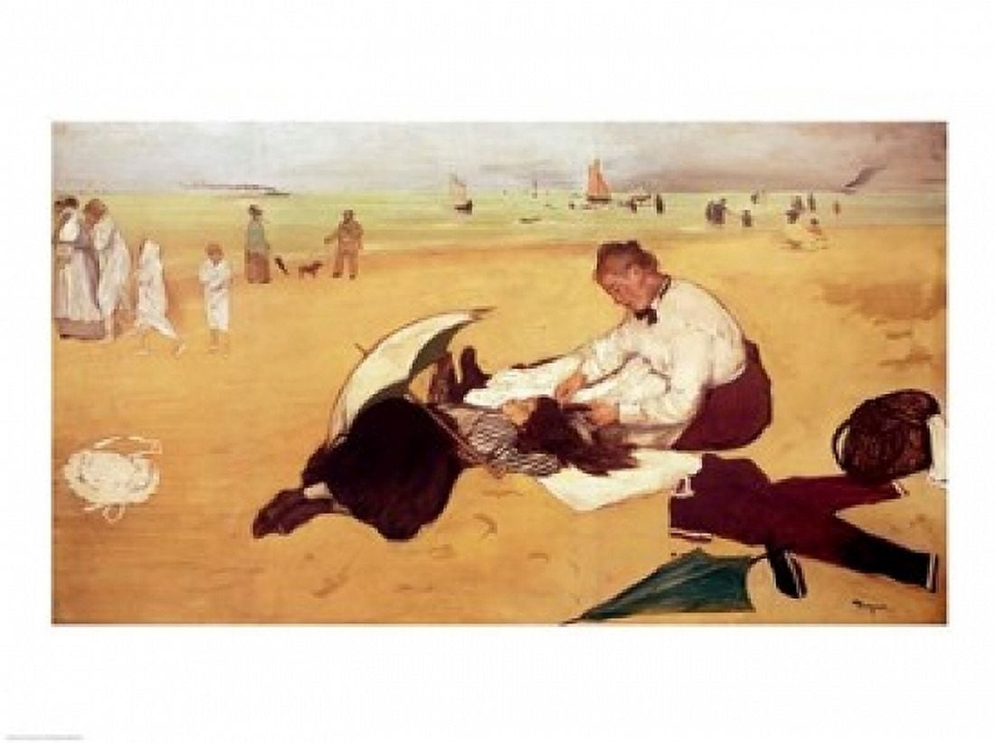 Posterazzi Beach scene little girl having her hair combed by her nanny Canvas Art - Edgar Degas (36 x 24)