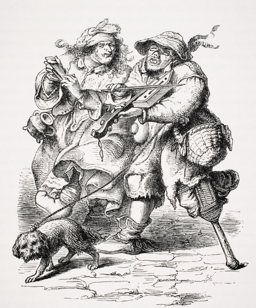Posterazzi Beggar Playing The Fiddle And His Wife Accompanying Him With Bones Copy Of An Old Engraving Of The Seventeenth Century Canvas Art - Ken Welsh  Design Pics (26 x 32)