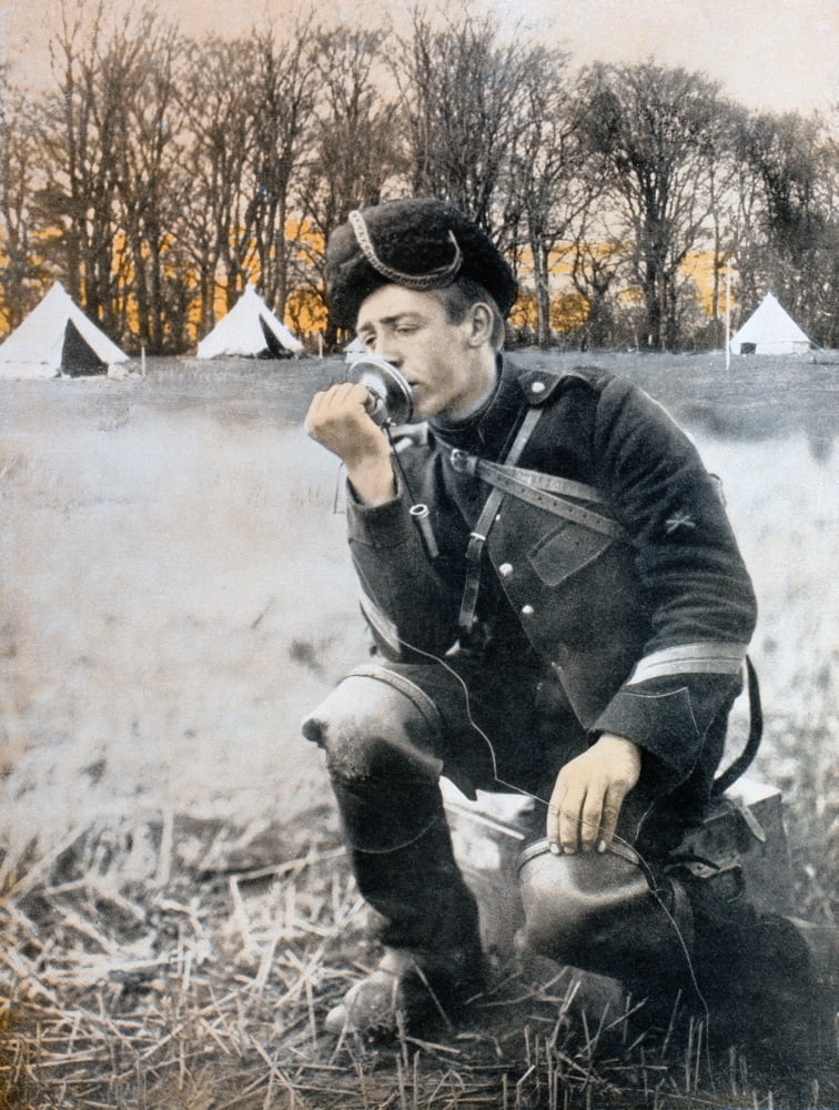 Posterazzi Belgian Artillery Man Using A Field Telephone During The First World War From La Esfera 1914 Canvas Art - Ken Welsh Design Pics (24 x 34)