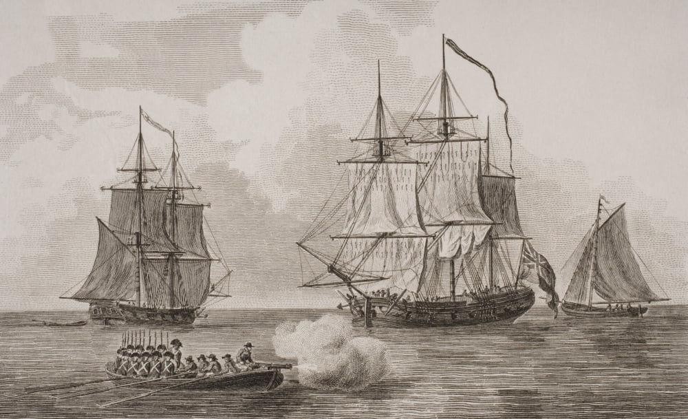 Posterazzi British Men Of War From Left Fire Brig Flat Bottomed Boat Gun Vessel Man Of War Long Boat From A Print Dated 1820 Engraved By Milton Canvas Art - Ken Welsh Design Pics (36 x 22)