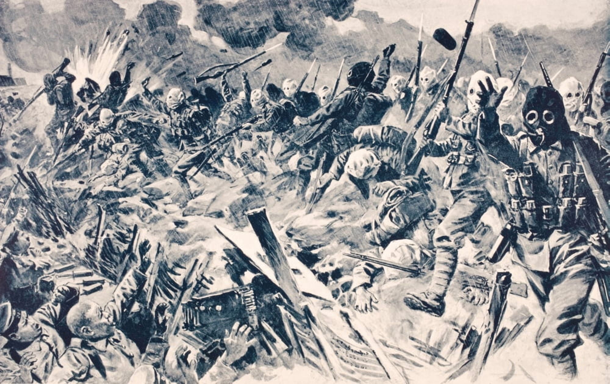 Posterazzi British Troops In Gas Masks Charge German Trenches At Loos France September 25 1915 From The War Illustrated Album Deluxe Published London 1916 Canvas Art - Ken Welsh Design Pics (36 x 22)