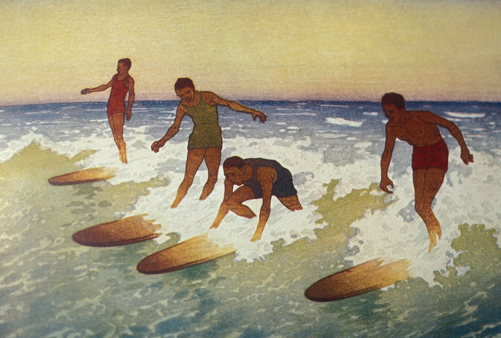 Posterazzi C1927 Hawaii Painting Charles Bartlett 4 Surfers Catching A Wave Canvas Art - Hawaiian Legacy Archive Design Pics (34 x 22)