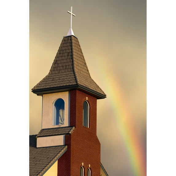 Posterazzi DPI12285204 Church Steeple with Orange Glow from The Sunset & Rainbow in The Sky - Calgary Alberta Canada Poster Print by Michael Interisano, 12 x 18