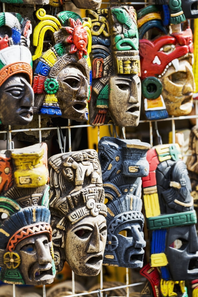 Posterazzi Close up of colourfully painted Mayan masks hanging on display Akumal Quintana Roo Mexico Canvas Art - Michael Interisano Design Pics (24 x 38)