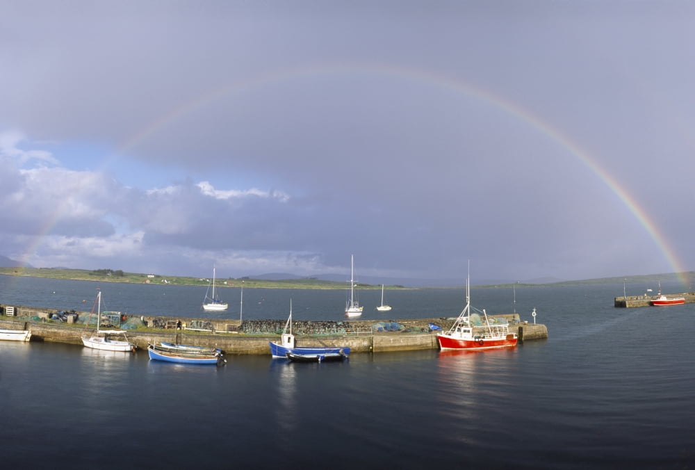 Posterazzi Co Galway Roundstone Harbour With Rainbow Canvas Art - The Irish Image Collection Design Pics (38 x 24)