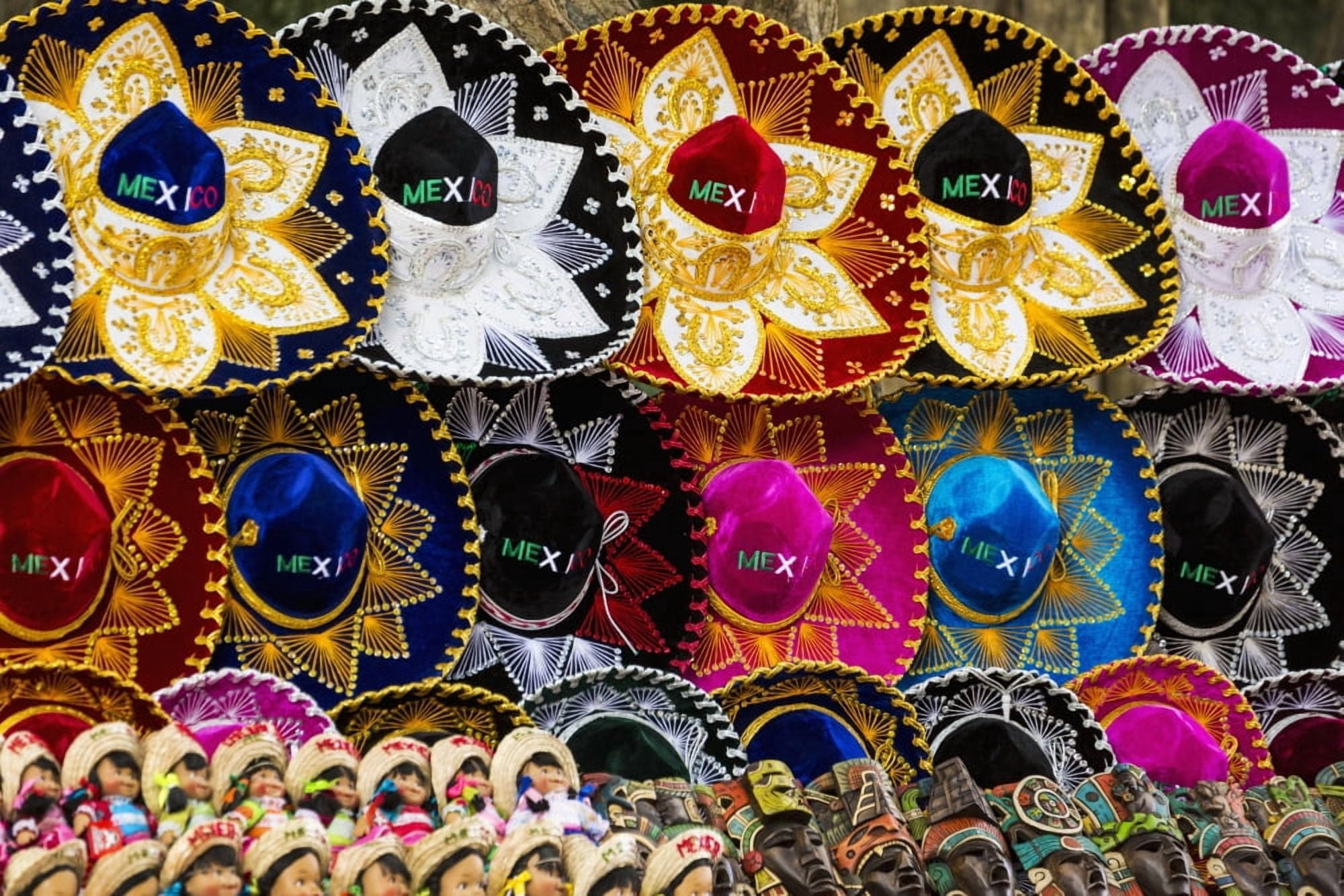 Posterazzi Colourful Mexican sombreros Mayan masks and Mexican dolls on display Chichen Itza Yucatan Mexico Canvas Art - Michael Interisano Design Pics (38 x 24)