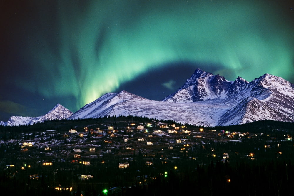 Posterazzi Composite Aurora Borealis Over Hillside Neighborhood & Chugach Mountains Anchorage Alaska Canvas Art - Composite Image Design Pics (34 x 22)