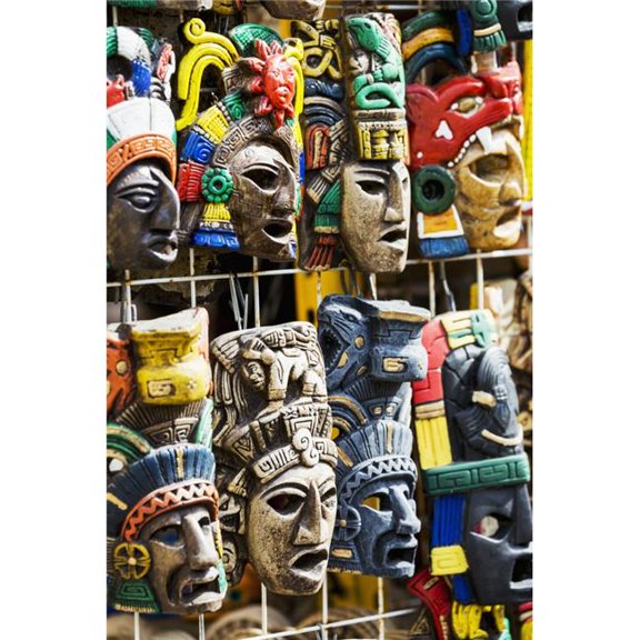 Posterazzi DPI12269362LARGE Close Up of Colourfully Painted Mayan Masks Hanging on Display - Akumal Quintana Roo Mexico Poster Print - 24 x 38 in. - Large