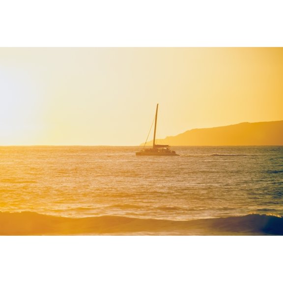 Posterazzi DPI12278708LARGE Golden Surf Visible From Barking Sands Beach with Catamaran Crossing The Channel Poster Print - 38 x 24 in. - Large