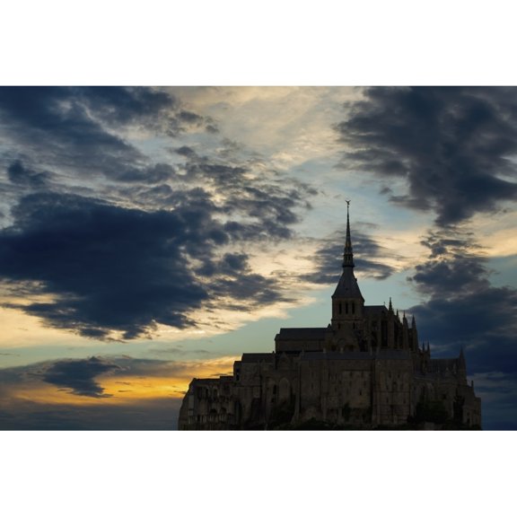 Posterazzi DPI12282602 Silhouette of Large Stone Abbey Perched on Rocky Hill with Dramatic Clouds at Sunset Poster Print - 19 x 12 in.