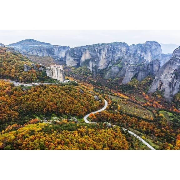 Posterazzi DPI12286656 Monastery Perched On A Cliff with Autumn Coloured Foliage - Meteora Greece Poster Print by Reynold Mainse, 19 x 12