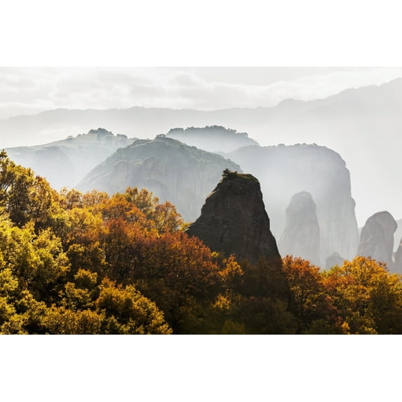 Posterazzi DPI12286685LARGE Low Cloud Around The Rugged Cliffs with Foliage in Autumn Colours - Meteora Greece Poster Print by Reynold Mainse, 38 x 24 - Large