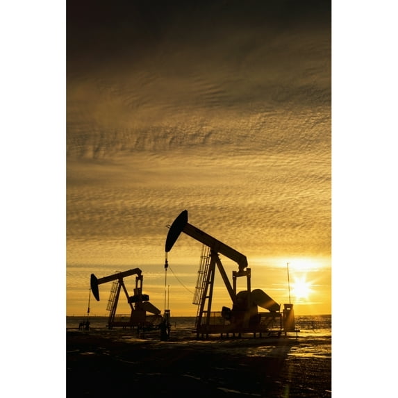 Posterazzi DPI12300892LARGE Silhouette of Two Pump Jacks At Sunrise with Sun Burst & Colourful Clouds in The Sky - Alberta Canada Poster Print by Michael Interisano, 24 x 38 - Large