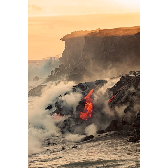 Posterazzi DPI12304321 Sea Water & Molten Rock Splatter Together As A Wave Crashes Onto The Pahoehoe Lava Flowing from Kilauea Into The Pacific Poster Print by Dave Fleetham, 12 x 19