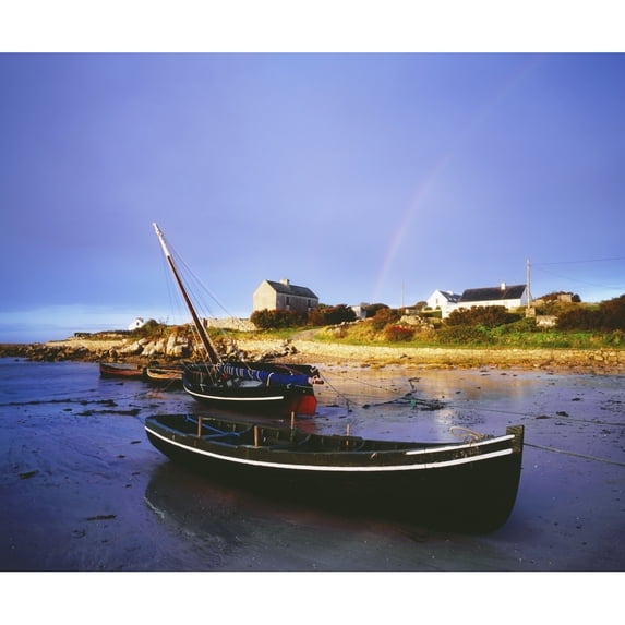 Posterazzi DPI1809167LARGE Roundstone Connemara County Galway Ireland - Boats in Harbour with Rainbow Poster Print by The Irish Image Collection, 32 x 26 - Large