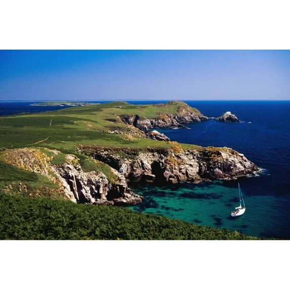 Posterazzi DPI1829296LARGE Coastal Cliffs & Seascape with Boat Poster Print by Gareth McCormack, 36 x 24 - Large