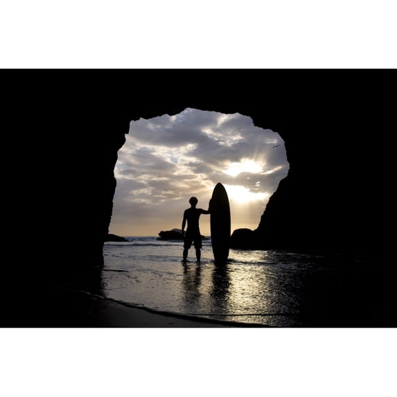 Posterazzi DPI1829381LARGE Surfer Inside A Cave At Muriwai New Zealand Poster Print by Deddeda, 34 x 22 - Large