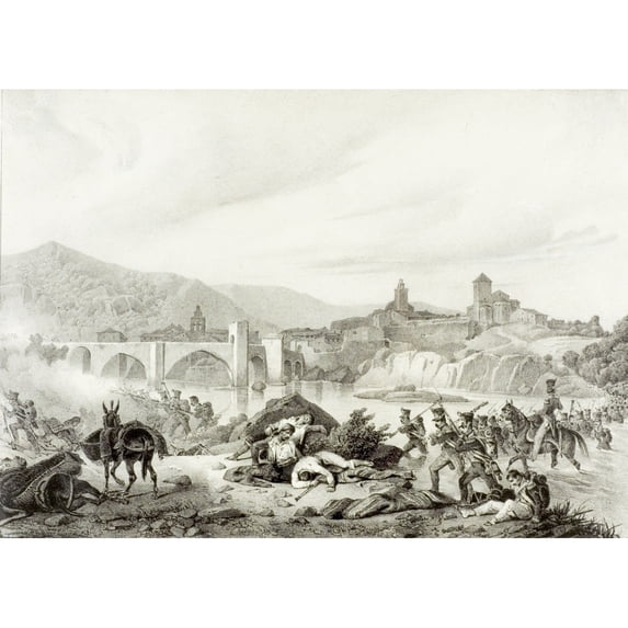 Posterazzi DPI1858938LARGE French Troops Attack Bezalu Girona Spain During The Napoleonic Wars In 1808 19th Century Lithograph by Engelmann After 3 Poster Print, Large - 34 x 24