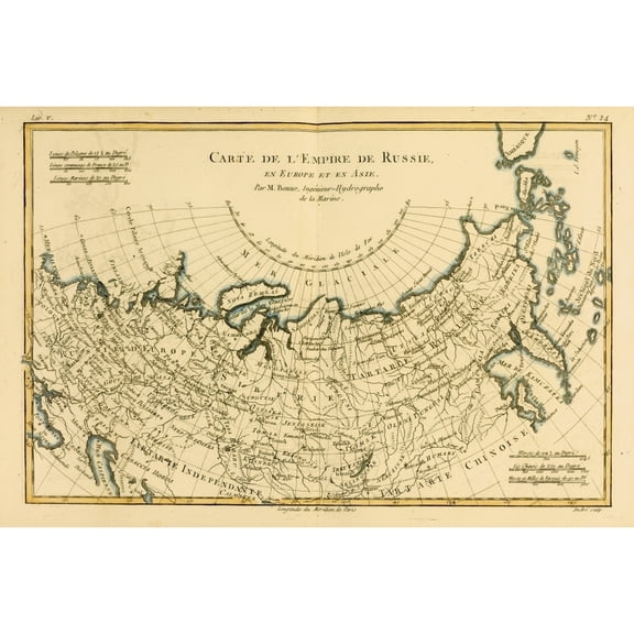 Posterazzi DPI1859946 Map of Russia Circa.1760 From -Atlas De Toutes Les Parties Connues Du Globe Terrestre by Cartographer Rigobert Bonne Poster Print, 18 x 12