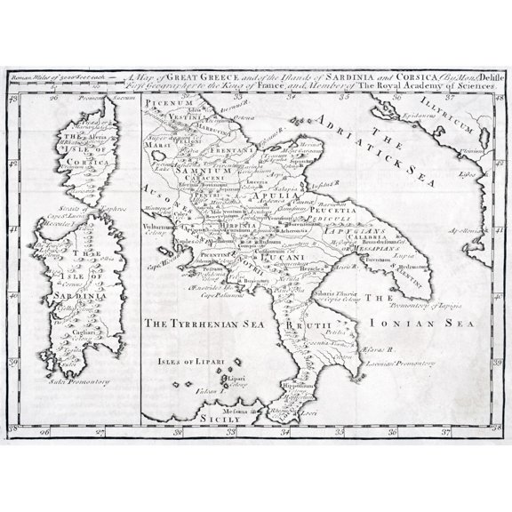 Posterazzi DPI1861621LARGE 19th Century Map of Great Greece & of the Islands of Sardina & Corsica by Guillaume Delisle 1675 to 1726 Poster Print, 34 x 24