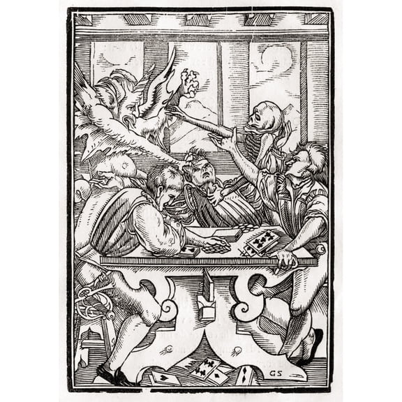 Posterazzi DPI1861743 Death & the Devil Come for the Card Player Woodcut by Georg Scharffenberg After Hans Holbein the Younger From Der Todt Poster Print, 12 x 17