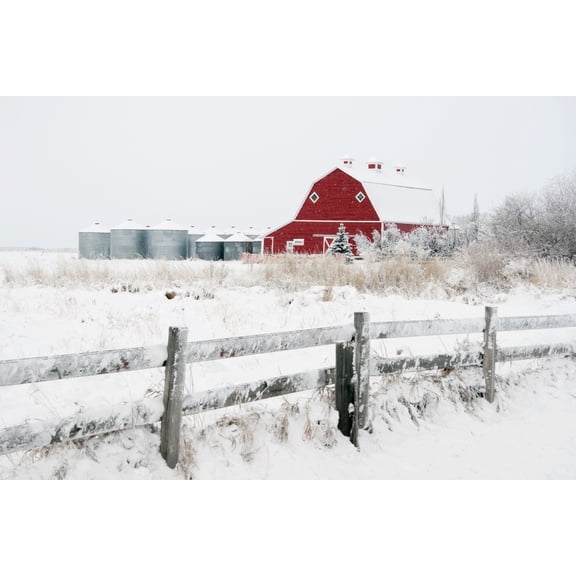 Posterazzi DPI1866842LARGE Alberta Canada - Farm Yard with A Red Barn & Metal Grain Bins In Winter Poster Print, 38 x 24