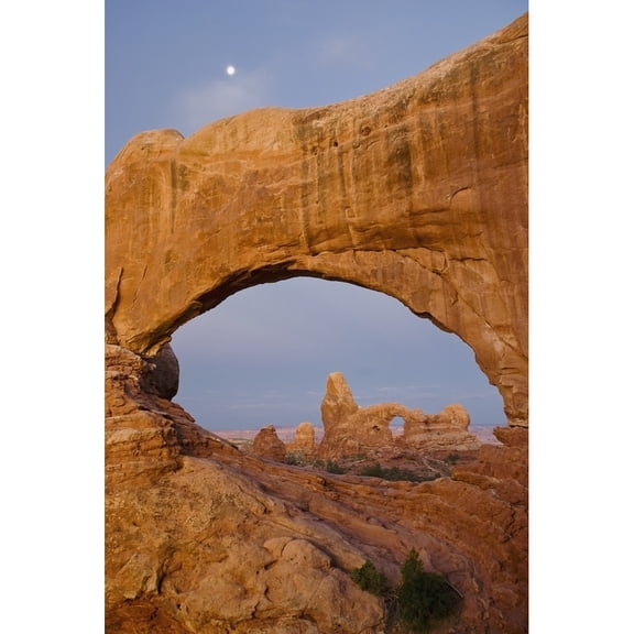 Posterazzi DPI1869057 Arches National Park Utah United States of America - Turret Arch Seen Through the North Window At Sunrise with A Full M 1 Poster Print, 12 x 19