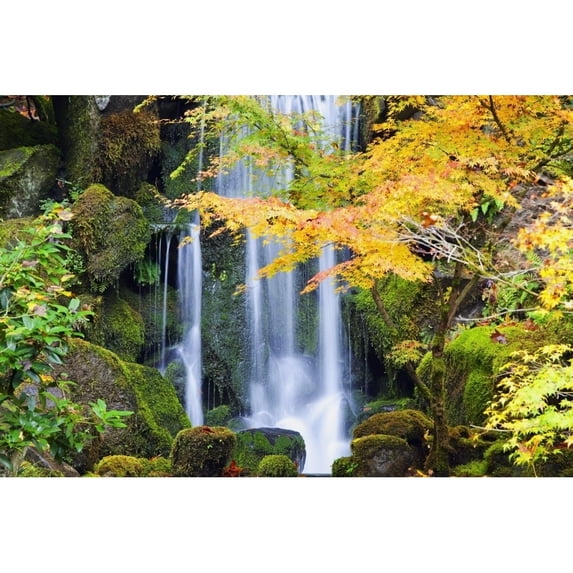 Posterazzi DPI1871323LARGE Portland Oregon United States of America - A Waterfall In A Japanese Garden In Autumn Poster Print, 38 x 24