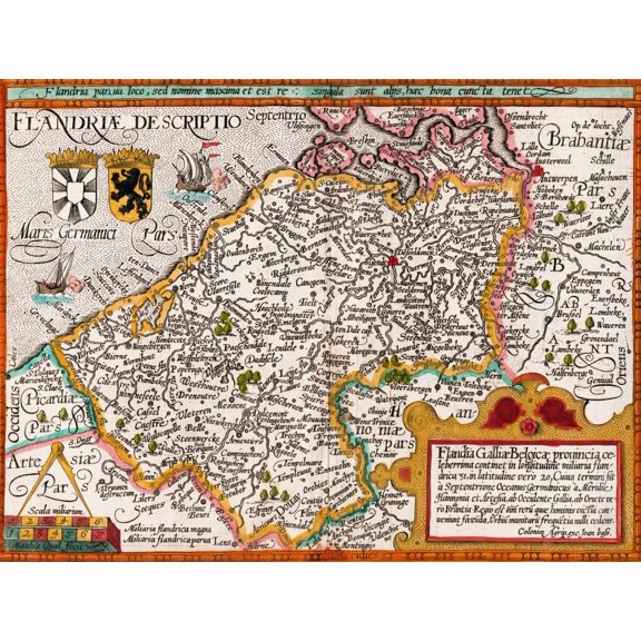 Posterazzi DPI1872136LARGE Map of Flanders by Cartographer Matthias Quad From His Fasciculus Geographicus Later Hand Colouring Engraved & Publi 3 Poster Print, 32 x 24