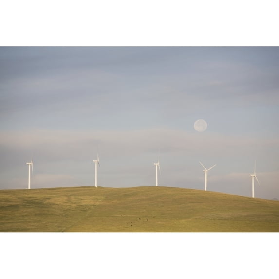 Posterazzi DPI1873172 Pincher Creek, Alberta, Canada - Wind Turbines On A Hillside with The Moon In The Sky Poster Print, 19 x 12