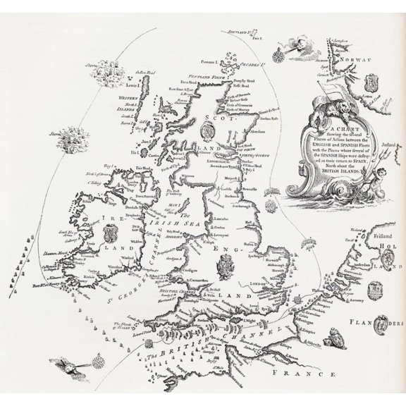 Posterazzi DPI1878043 Chart of The Spanish Armadas Course In 1588 From The Book Short History of The English People by J.R. Green Published London 1893 Poster Print, 15 x 14