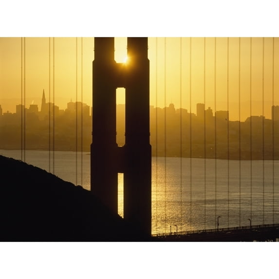 Posterazzi DPI1884503LARGE Sunrise Behind The Golden Gate Bridge with Skyline Behind Poster Print, 36 x 26 - Large
