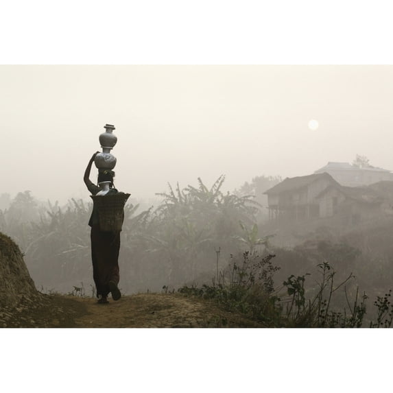 Posterazzi DPI1886677LARGE Bru Tribeswoman Carrying Water Pots On Her Head At Sunrise Poster Print, 34 x 22 - Large