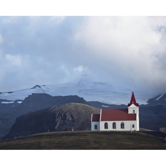 Posterazzi DPI1893221LARGE Snaefellsjokull Glacier & Church At Hellisandur-Rif Poster Print, 34 x 26 - Large