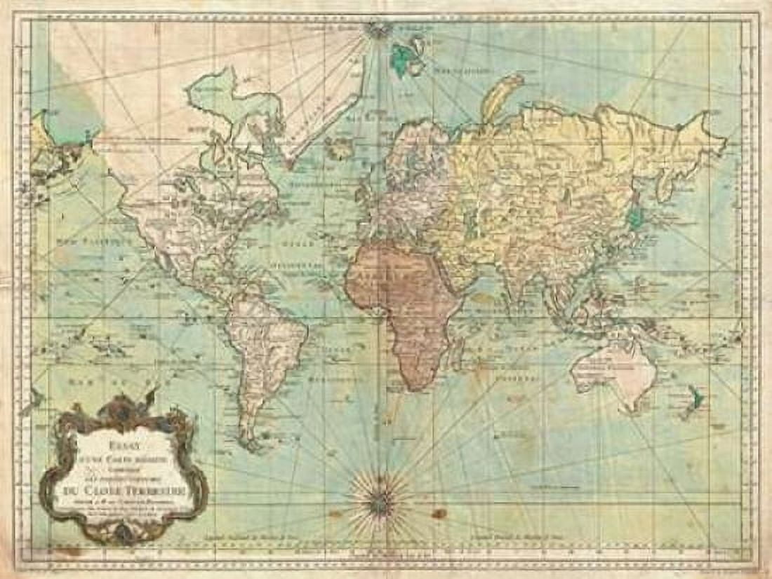 Posterazzi Essay d une Carte reduite du Globe Terrestre 1778 Canvas Art - N Bellin (22 x 28)