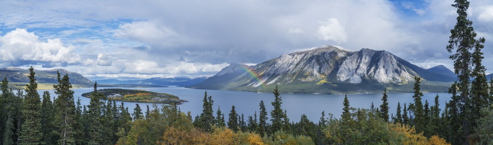 Posterazzi Fall showers create a rainbow over Tagish Lake Bove Island along the Klondike Highway Yukon Territory Canada Canvas Art - John Hyde Design Pics (36 x 11)