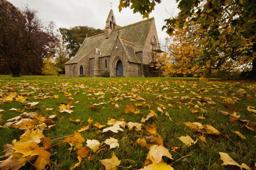 Posterazzi Fallen Leaves On The Grass In Front Of A Church In Autumn Northumberland England Canvas Art - John Short Design Pics (38 x 24)