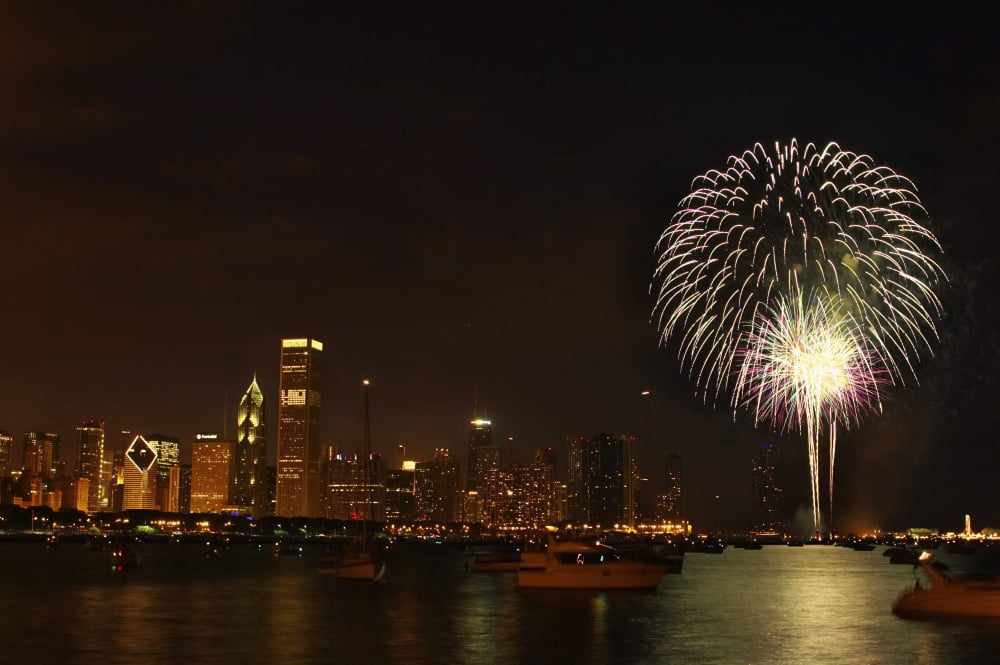 Posterazzi Fireworks Against Chicago Skyline At Night Canvas Art - Kim Karpeles Design Pics (38 x 24)