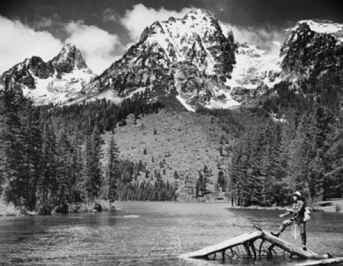 Posterazzi Fisherman standing on half submerged tree in a lake and fishing Leigh Lake Grand Teton National Park Wyoming USA Canvas Art -  (24 x 36)