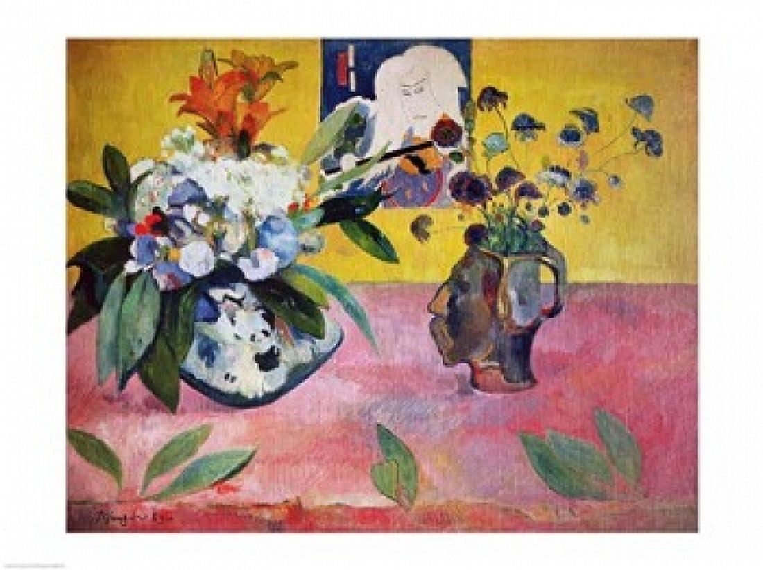 Posterazzi Flowers and a Japanese Print 1889 Canvas Art - Paul Gauguin (36 x 24)
