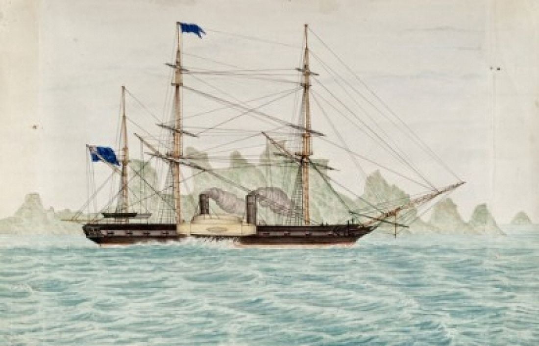 Posterazzi HMS Penelope off Princess Island by William Buck 1840-1888 Canvas Art - William Buck (24 x 36)