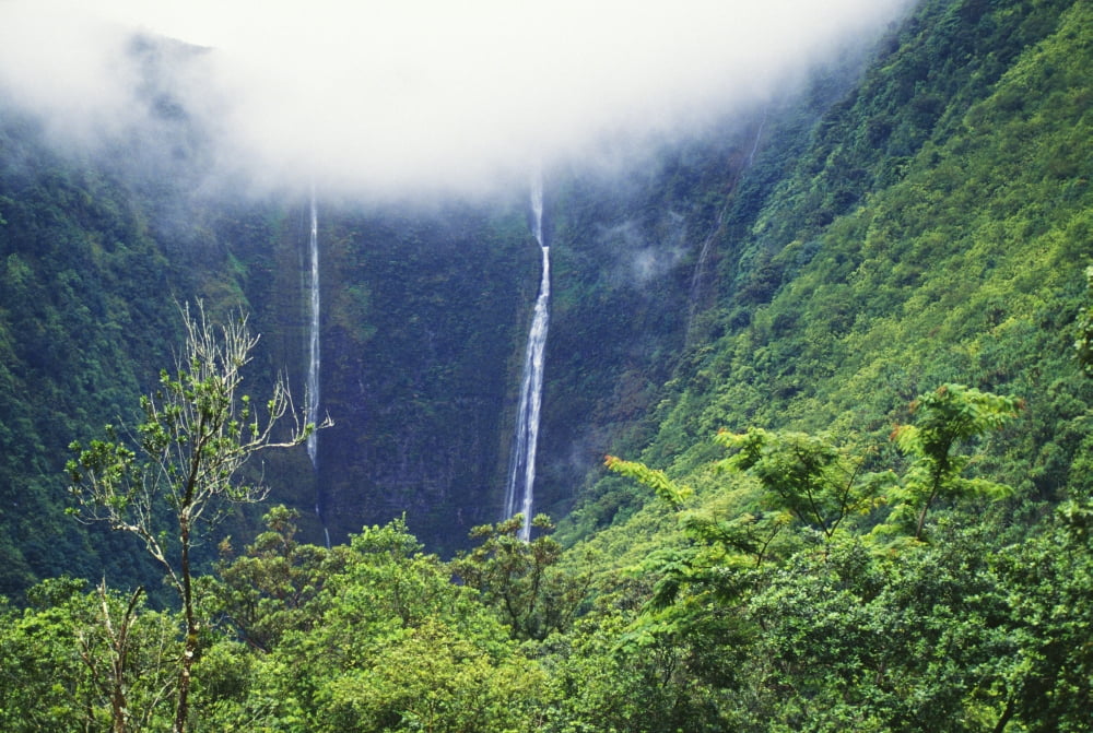Posterazzi Hawaii Big Island Waipio Valley Twin Waterfalls With Lush Greenery Canvas Art - Chris Abraham Design Pics (38 x 24)
