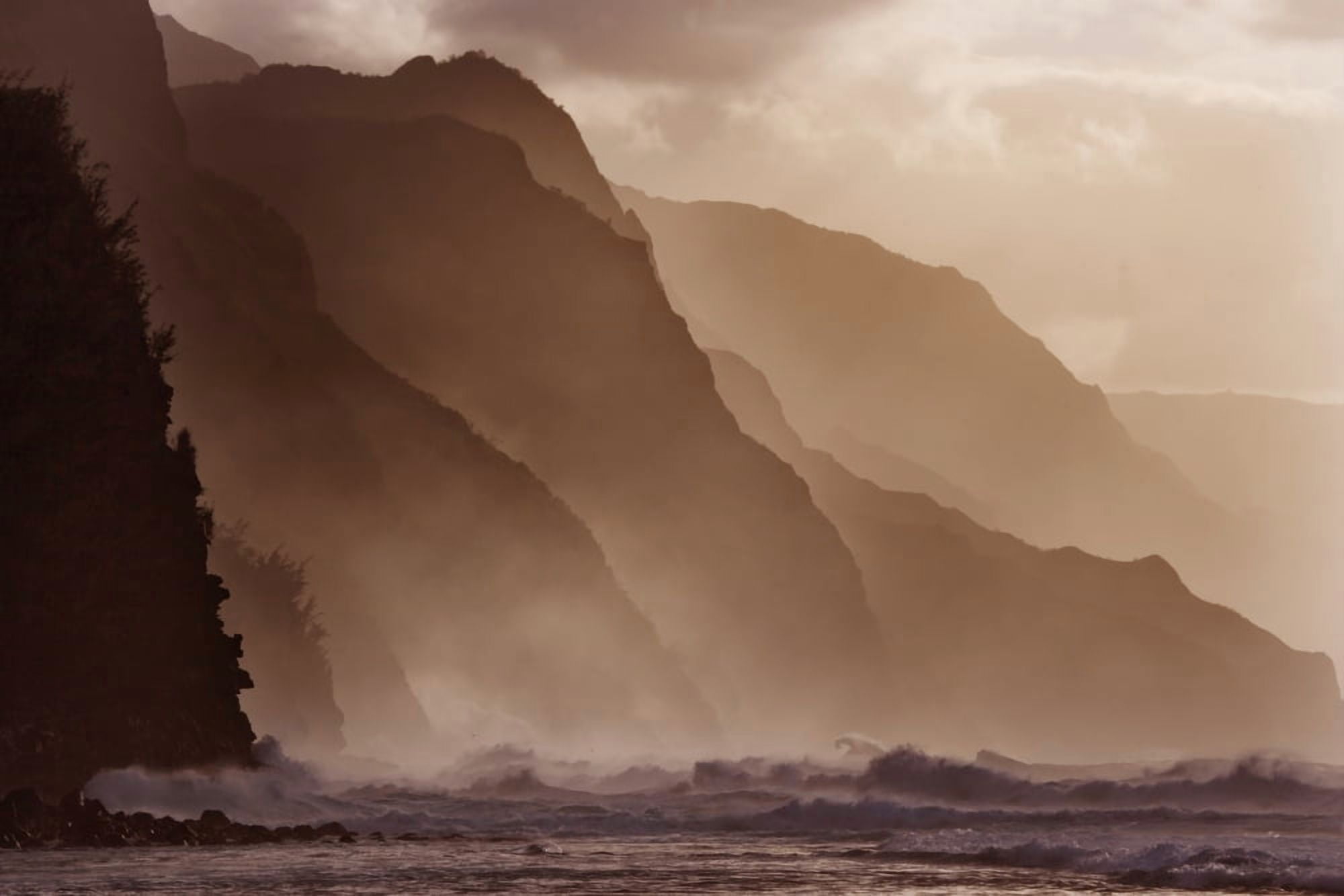 Posterazzi Hawaii Kauai North Shore Na Pali Coast Haena Misty Waves At Dusk Canvas Art - M Swiet Productions Design Pics (38 x 24)